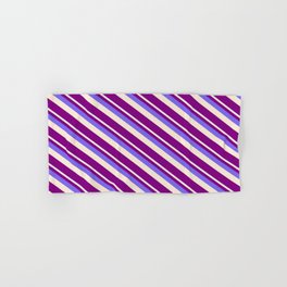 [ Thumbnail: Medium Slate Blue, Beige & Purple Colored Stripes/Lines Pattern Hand & Bath Towel ]