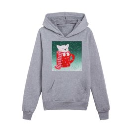 Cute white cat in a red cup Kids Pullover Hoodies
