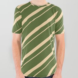 [ Thumbnail: Dark Olive Green & Tan Colored Lined/Striped Pattern All Over Graphic Tee ]