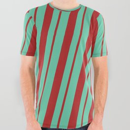 [ Thumbnail: Aquamarine & Red Colored Striped Pattern All Over Graphic Tee ]
