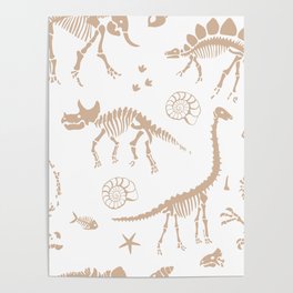 Back to school fossils and ammonites dinosaurs and ocean life kids design tan beige on white Poster