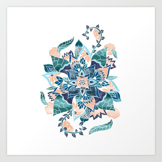 Modern coral blue watercolor floral illustration Art Print