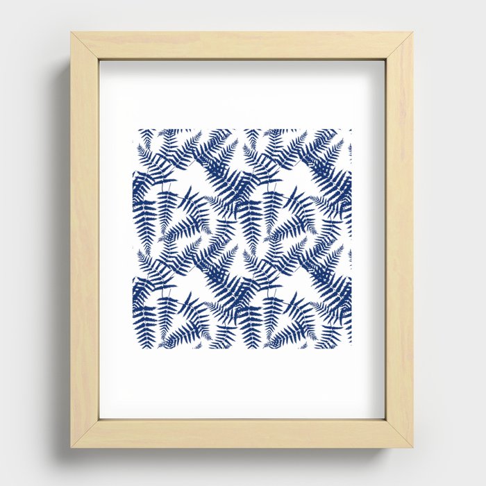 Blue Silhouette Fern Leaves Pattern Recessed Framed Print