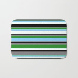[ Thumbnail: Gray, Forest Green, Light Sky Blue, Mint Cream & Black Colored Lines/Stripes Pattern Bath Mat ]