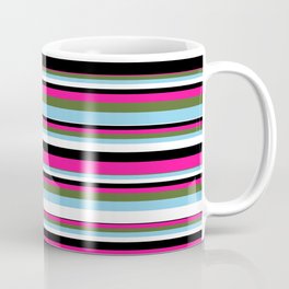 [ Thumbnail: Vibrant Deep Pink, Dark Olive Green, Sky Blue, White, and Black Colored Lined/Striped Pattern Coffee Mug ]