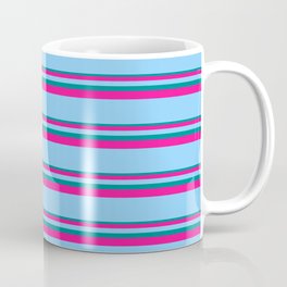 [ Thumbnail: Dark Cyan, Deep Pink, and Light Sky Blue Colored Lined Pattern Coffee Mug ]