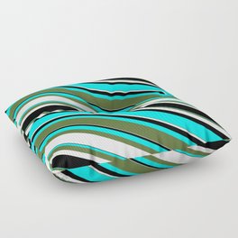 [ Thumbnail: Cyan, Dark Olive Green, White, and Black Colored Lined/Striped Pattern Floor Pillow ]