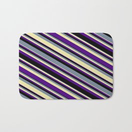 [ Thumbnail: Light Slate Gray, Pale Goldenrod, Indigo, and Black Colored Lined/Striped Pattern Bath Mat ]
