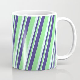 [ Thumbnail: Dark Slate Blue, Light Green & Light Cyan Colored Lined Pattern Coffee Mug ]