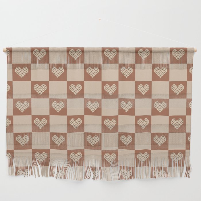 Stitched Hearts on Checker (Brown + Tan) Wall Hanging