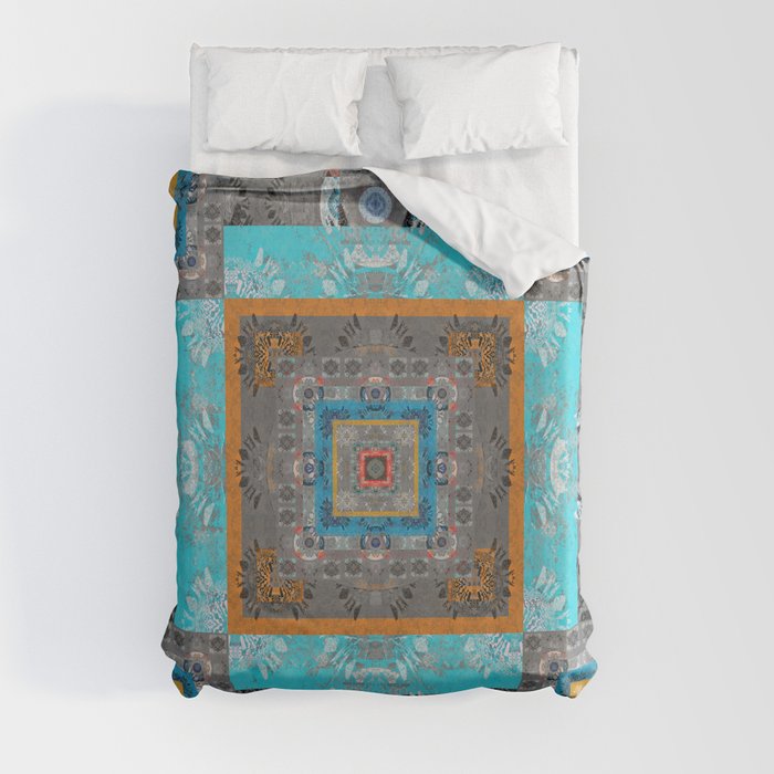 Graphite Sky Blue Aqua Golden Healing Mandala Illustration Duvet Cover