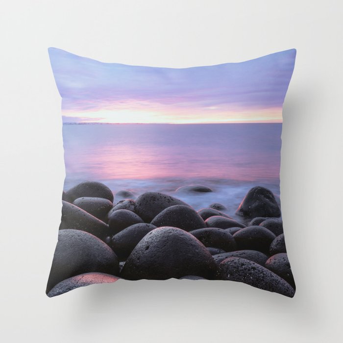Round Rocks Shoreline Magenta Sunset Sky Iceland Throw Pillow
