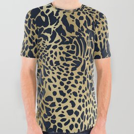 Leopard Print Pattern, Navy Blue and Gold All Over Graphic Tee