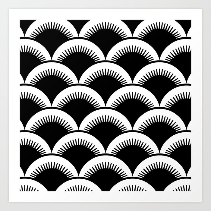 Japanese Fan Pattern Black and White Art Print