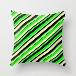 [ Thumbnail: Beige, Black & Lime Colored Lined/Striped Pattern Throw Pillow ]