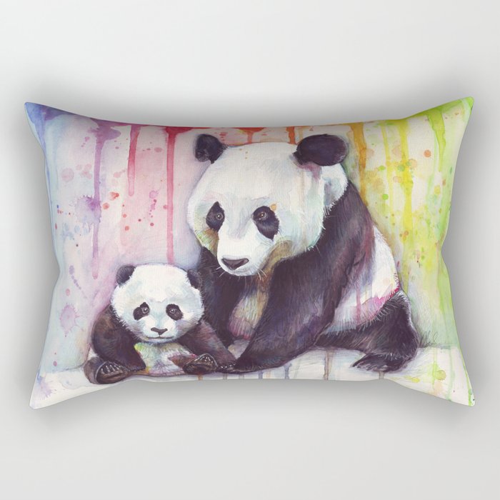 Rainbow Pandas Watercolor Mom and Baby Panda Nursery Art Rectangular Pillow