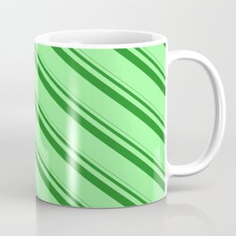 [ Thumbnail: Forest Green & Green Colored Lined/Striped Pattern Coffee Mug ]