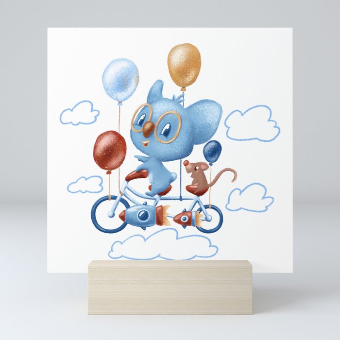Cute Coala Flying on Bicycle, nursery room poster Mini Art Print
