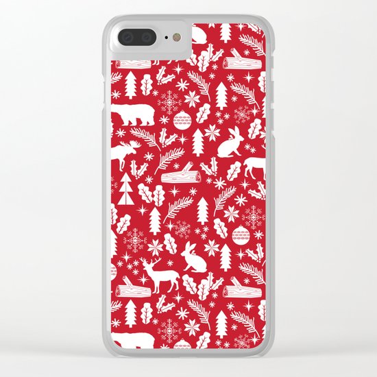 Festive Christmas woodland reindeer moose bear camping red and white minimal pattern for holidays Clear iPhone Case