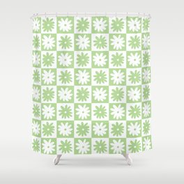 Green And White Checkered Flower Pattern Shower Curtain