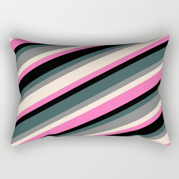 Eye-catching Dark Slate Gray, Grey, Beige, Hot Pink, and Black Colored Lined/Striped Pattern Rectangular Pillow