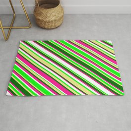 [ Thumbnail: Eye-catching Deep Pink, White, Lime, Tan & Dark Green Colored Lined/Striped Pattern Rug ]