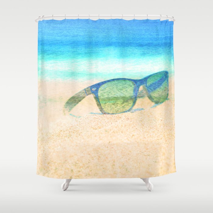 beach glasses tan and blue impressionism painted realistic still life Shower Curtain