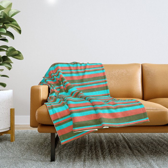 Red, Dark Olive Green & Aqua Colored Lined Pattern Throw Blanket