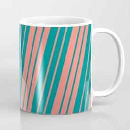 [ Thumbnail: Salmon and Dark Cyan Colored Lined/Striped Pattern Coffee Mug ]