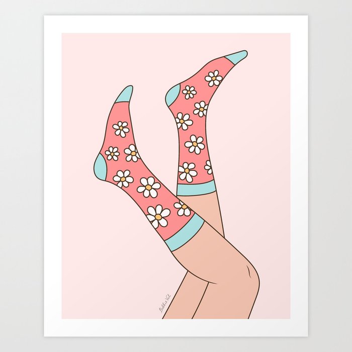 Girl with Legs in the Air, Wearing Pink and Mint Socks on Retro Daisies, Chilling out at Home Art Print