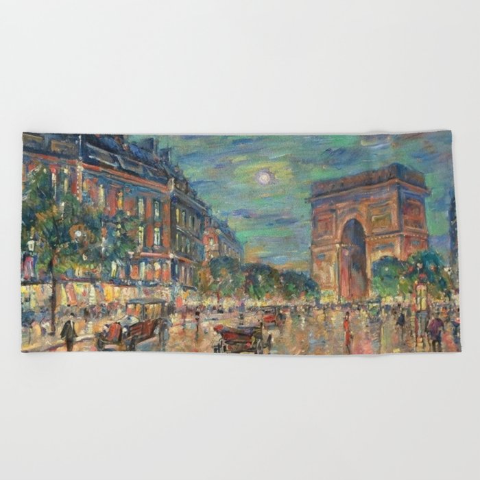 Arc de Triomphe, Paris, France Champs Elysees Moonlit landscape painting by Konstantin Korovin  Beach Towel