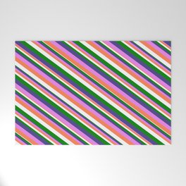 [ Thumbnail: Dark Slate Blue, Violet, Coral, White, and Green Colored Lined/Striped Pattern Welcome Mat ]