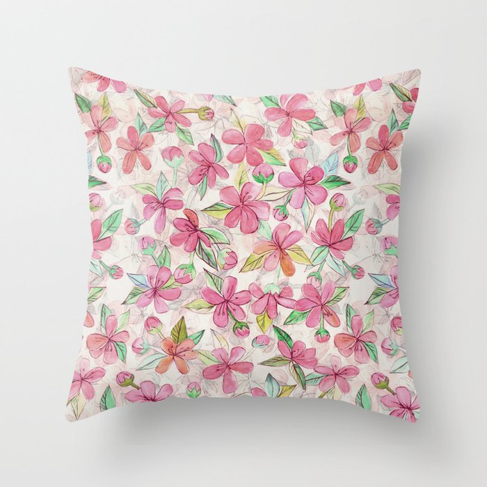 Pink Painted Blossom Pattern Throw Pillow