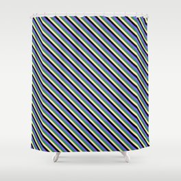 [ Thumbnail: Sea Green, Beige, Black & Medium Slate Blue Colored Stripes Pattern Shower Curtain ]