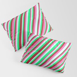 [ Thumbnail: Green, Brown, Hot Pink & Light Cyan Colored Striped Pattern Pillow Sham ]