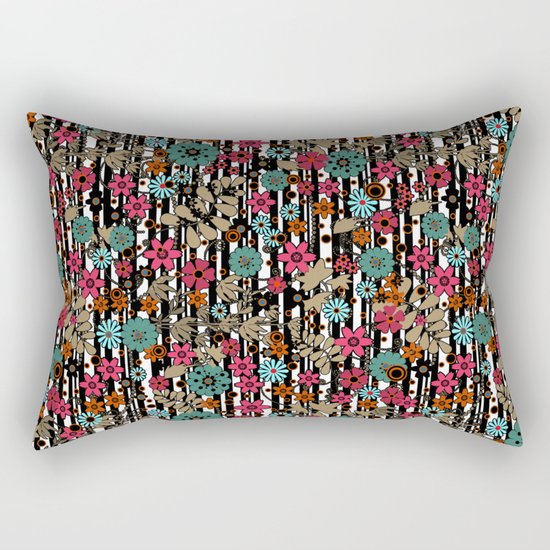 Floral pattern on black and white striped background Rectangular Pillow