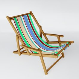 [ Thumbnail: Vibrant Green, Cornflower Blue, Tan, Maroon, and White Colored Lines Pattern Sling Chair ]