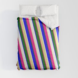 [ Thumbnail: Eye-catching Tan, Deep Pink, Dark Green, Blue, and White Colored Stripes Pattern Comforter ]