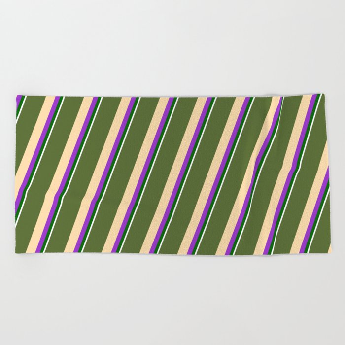 Dark Olive Green, Tan, Dark Orchid, Dark Green, and White Colored Striped/Lined Pattern Beach Towel