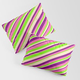 [ Thumbnail: Purple, Hot Pink, Green & Bisque Colored Lined Pattern Pillow Sham ]