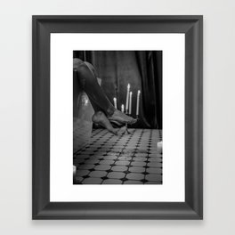 Let it all hang out; female portrait with candles in the bathtub black and white photograph - photography - photographs Framed Art Print