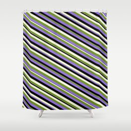 [ Thumbnail: Green, Purple, Black & Beige Colored Lined Pattern Shower Curtain ]
