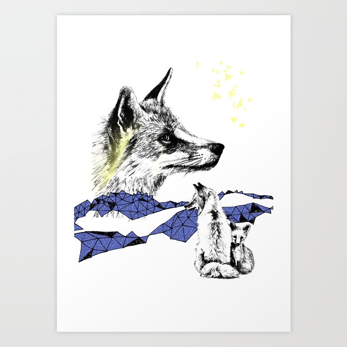 Fox & Cub, Blue & Yellow Art Print