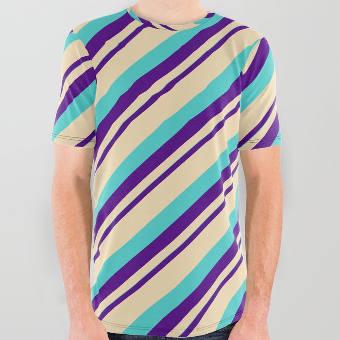 Indigo, Tan, and Turquoise Colored Striped/Lined Pattern All Over Graphic Tee