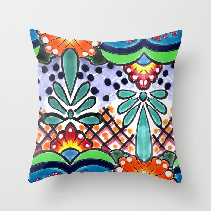 Colorful Talavera, Green Accent, Large, Mexican Tile Design Throw Pillow