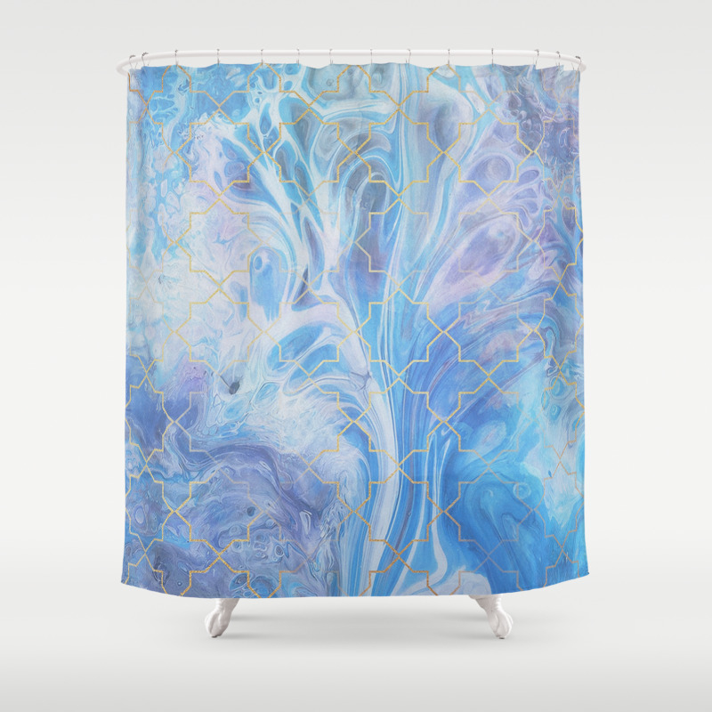 Blue Marble Gold Geometric Shower, Blue And Gold Marble Shower Curtain