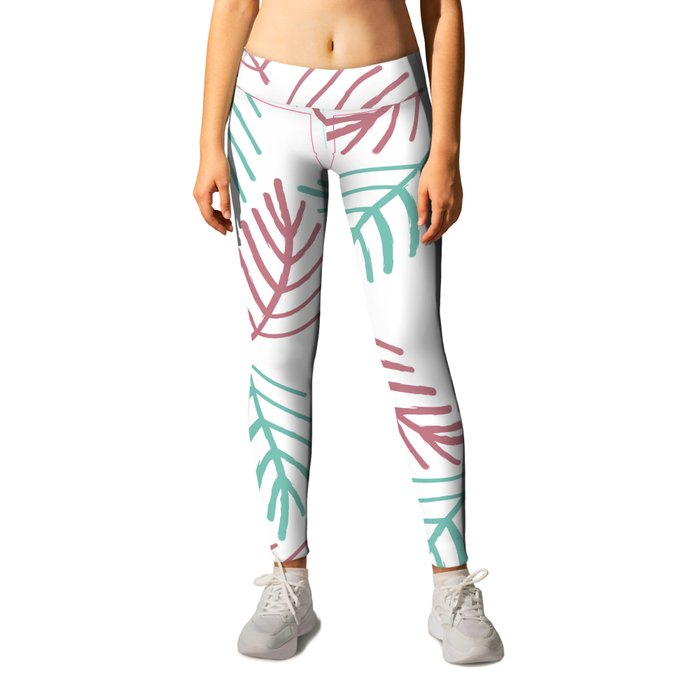 Trendy Pink Teal Hand Painted Christmas Spruce Branches Leggings
