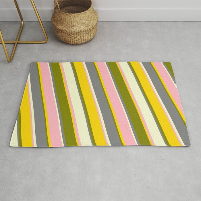 Vibrant Light Pink, Yellow, Green, Gray, and Light Yellow Colored Stripes/Lines Pattern Rug