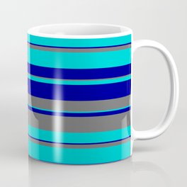 [ Thumbnail: Dark Turquoise, Dark Blue & Dim Grey Colored Lines/Stripes Pattern Coffee Mug ]