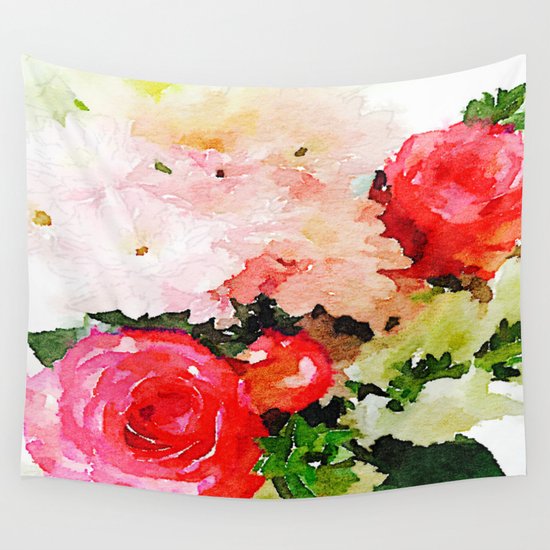 Garden Roses Watercolor Wall Tapestry